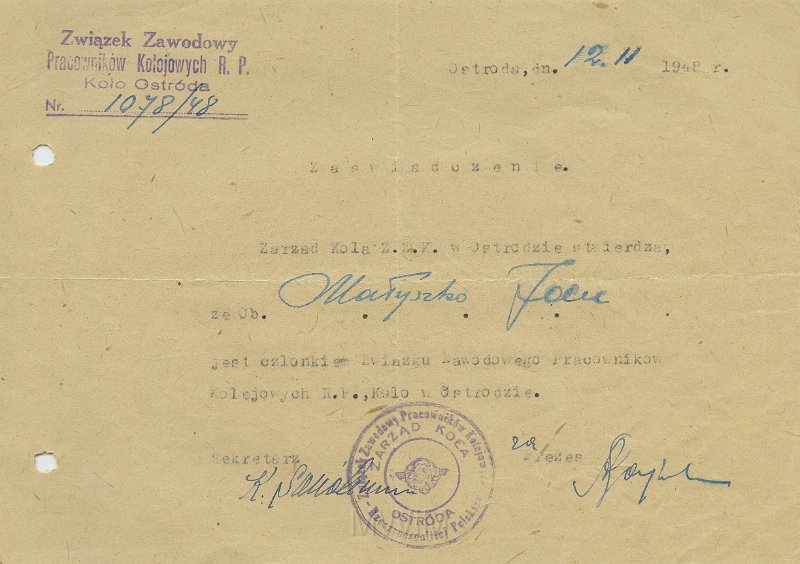 KKE 5651.jpg - Dok. Pismo z Związku Zawodowego Pracowników Kolejowych w Ostródzie do Jana Małyszko potwierdzające przynależność do koła, Ostróda, 12 XI 1948 r.